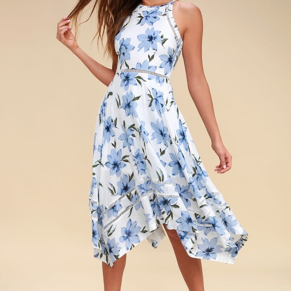 Zahara Blue and White Floral Print Midi Dress